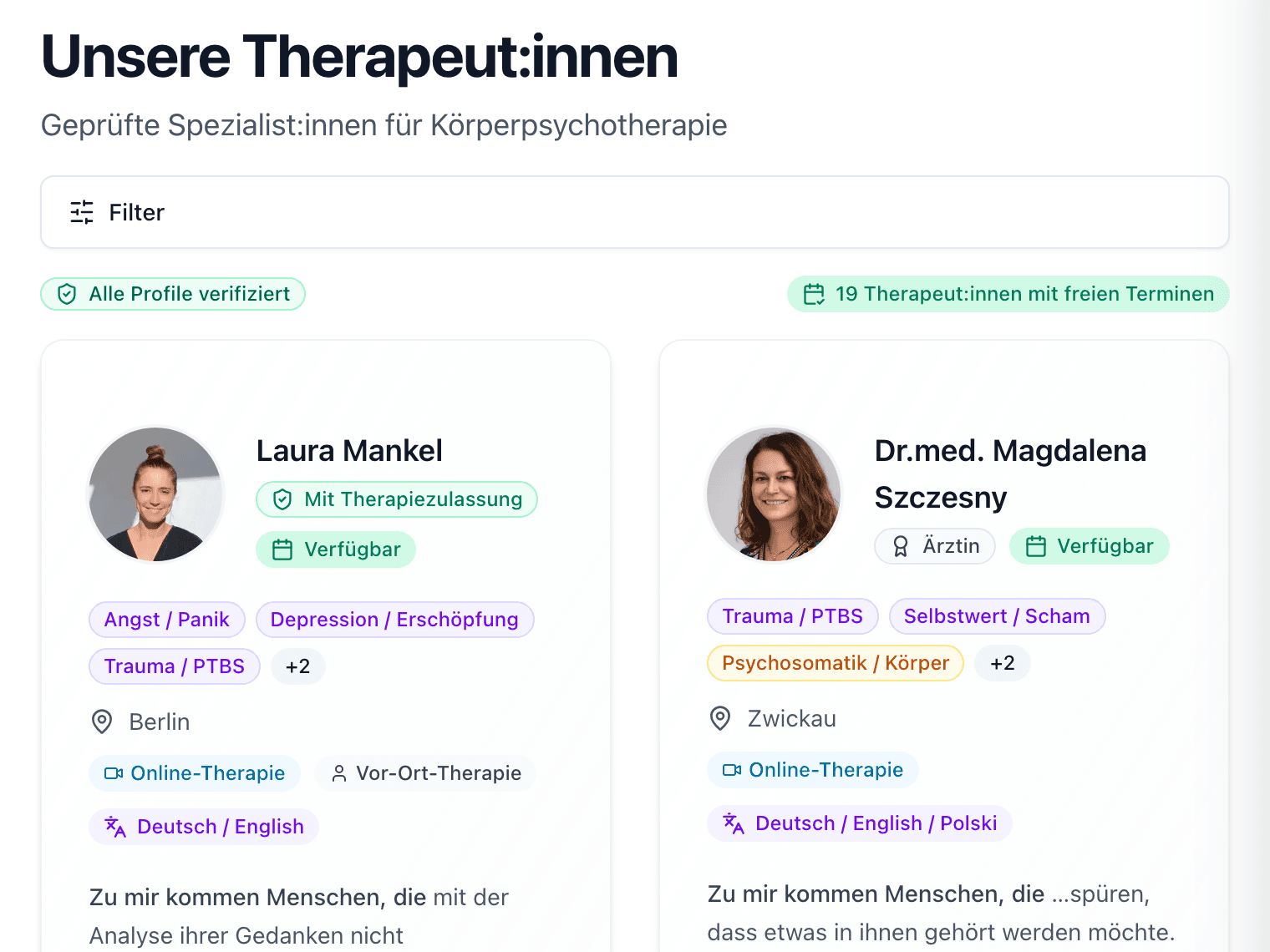 Das Kaufmann-Health-Verzeichnis: geprüfte Körperpsychotherapeut:innen, nach Methode filterbar.