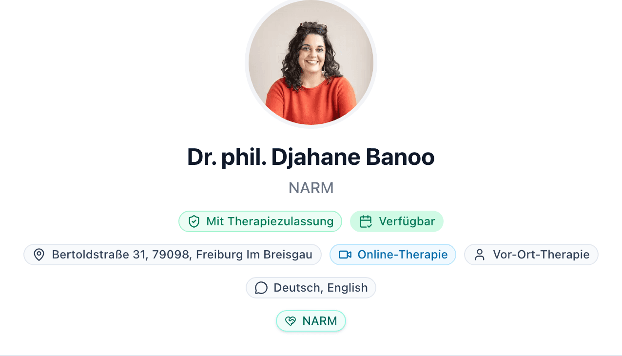Profil von Dr. phil. Djahane Banoo (NARM) bei Kaufmann Health: Foto, Methode, Schwerpunkte und Buchung – so finden Klient:innen dich.