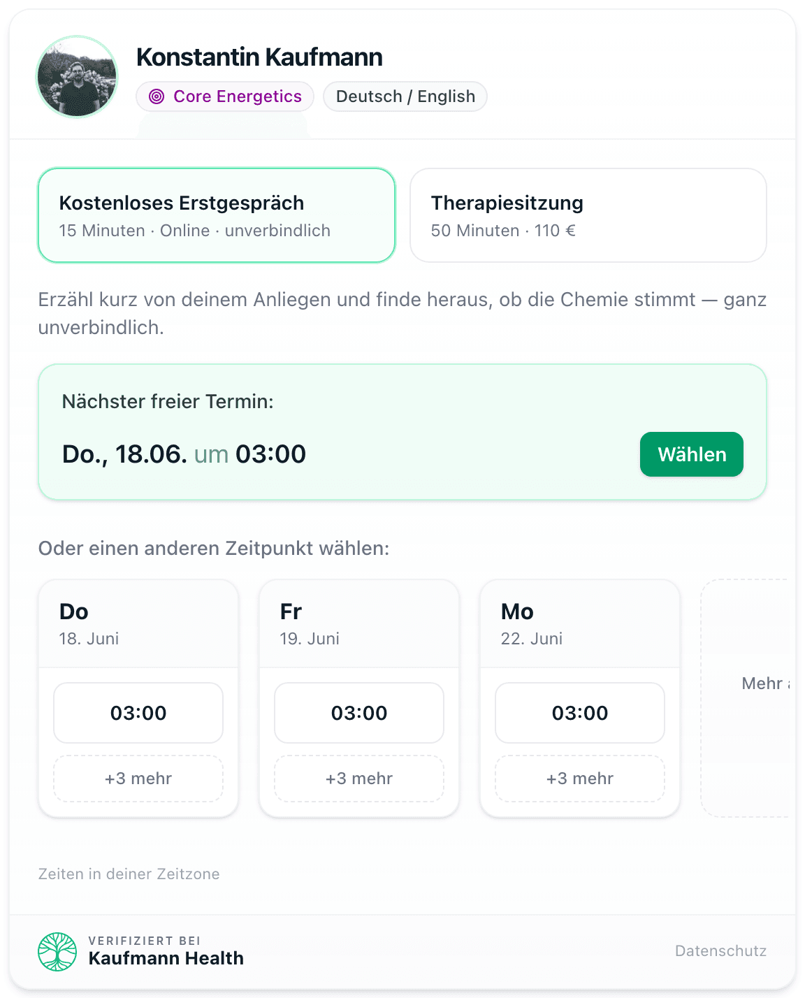 Das Buchungs-Tool von Kaufmann Health, eingebettet auf einer Praxis-Website, mit freien Terminen