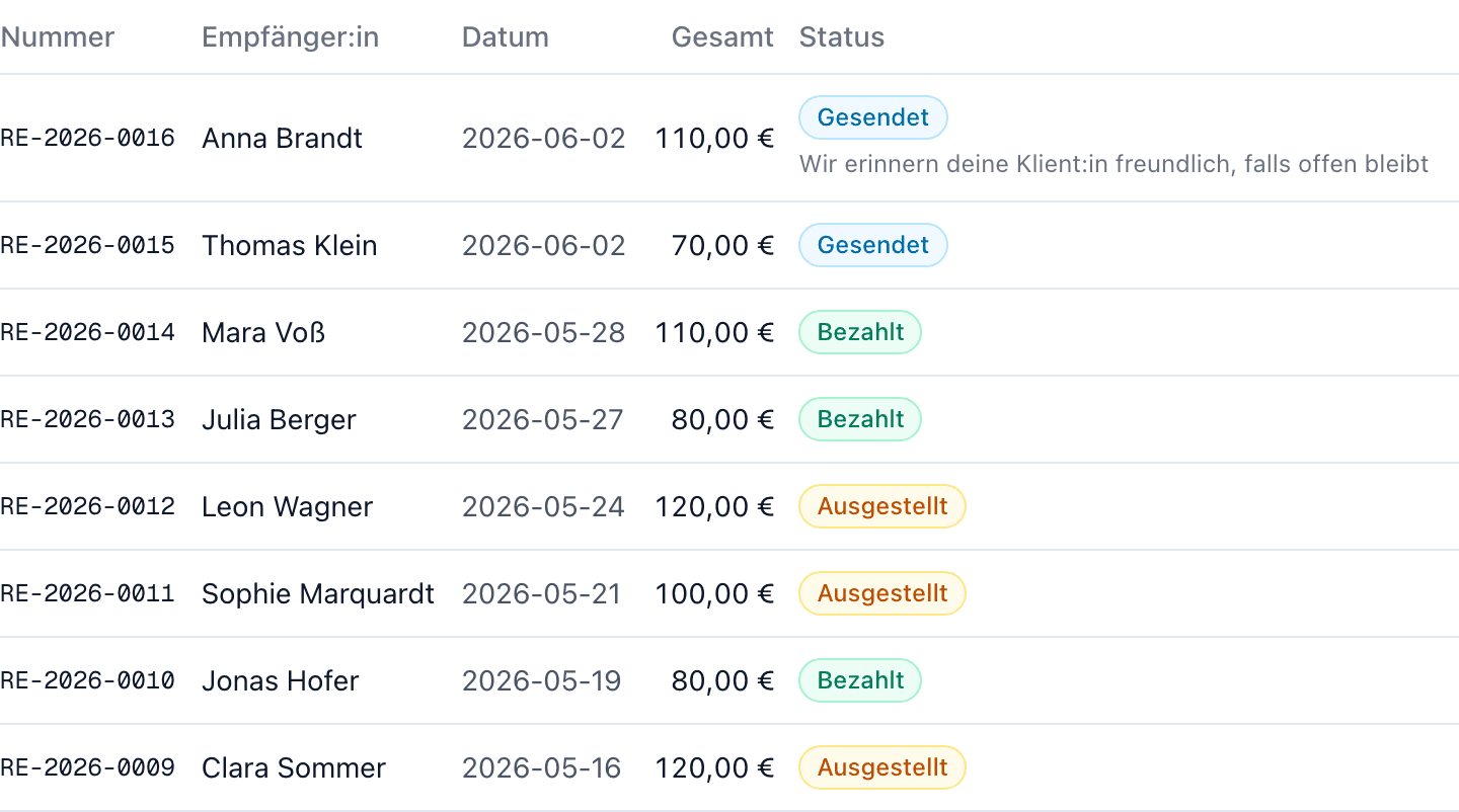 Rechnungsübersicht im Portal: ausgestellte und gesendete Rechnungen mit Status.